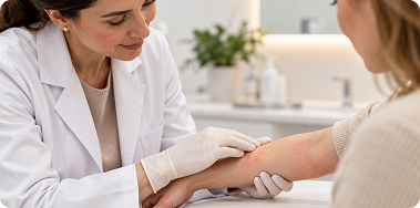 Dermatologista examinando a pele do braço de uma paciente