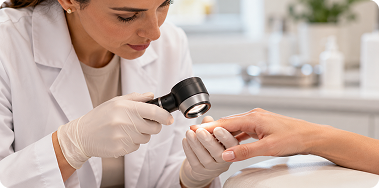Dermatologista avaliando as unhas de uma paciente